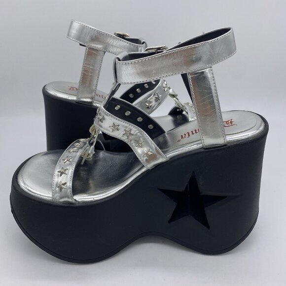 Demonia Dynamite Platform Wedge Sz 7 Silver Star Cutout Rave EDM Festival Gothic - Picture 11 of 15